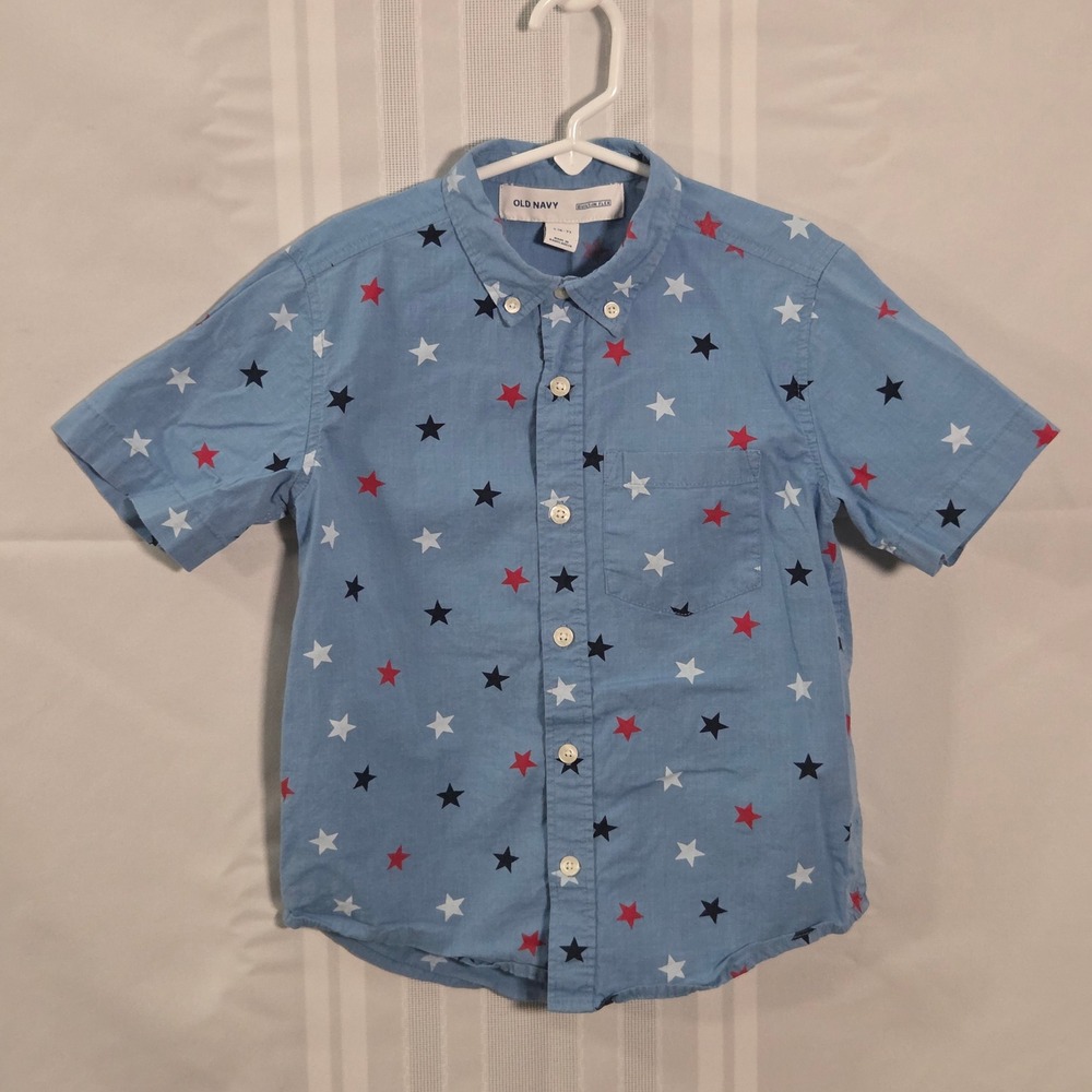 Old Navy Button Down Boys Small 6-7 Blue Star Americana Built-In Flex Shirt